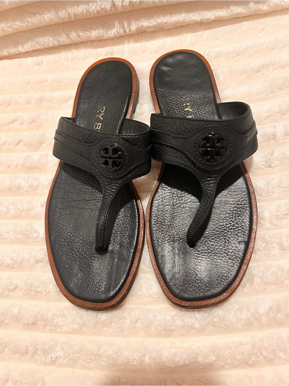 Tory Burch Black Leather Logo Thong Sandals with Brown Trim